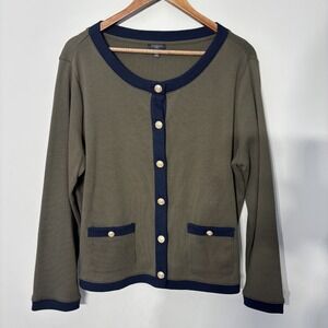 Talbots Plus Cardigan Sweater Womens 1X Green Navy Gold Button Up Cotton Ribbed